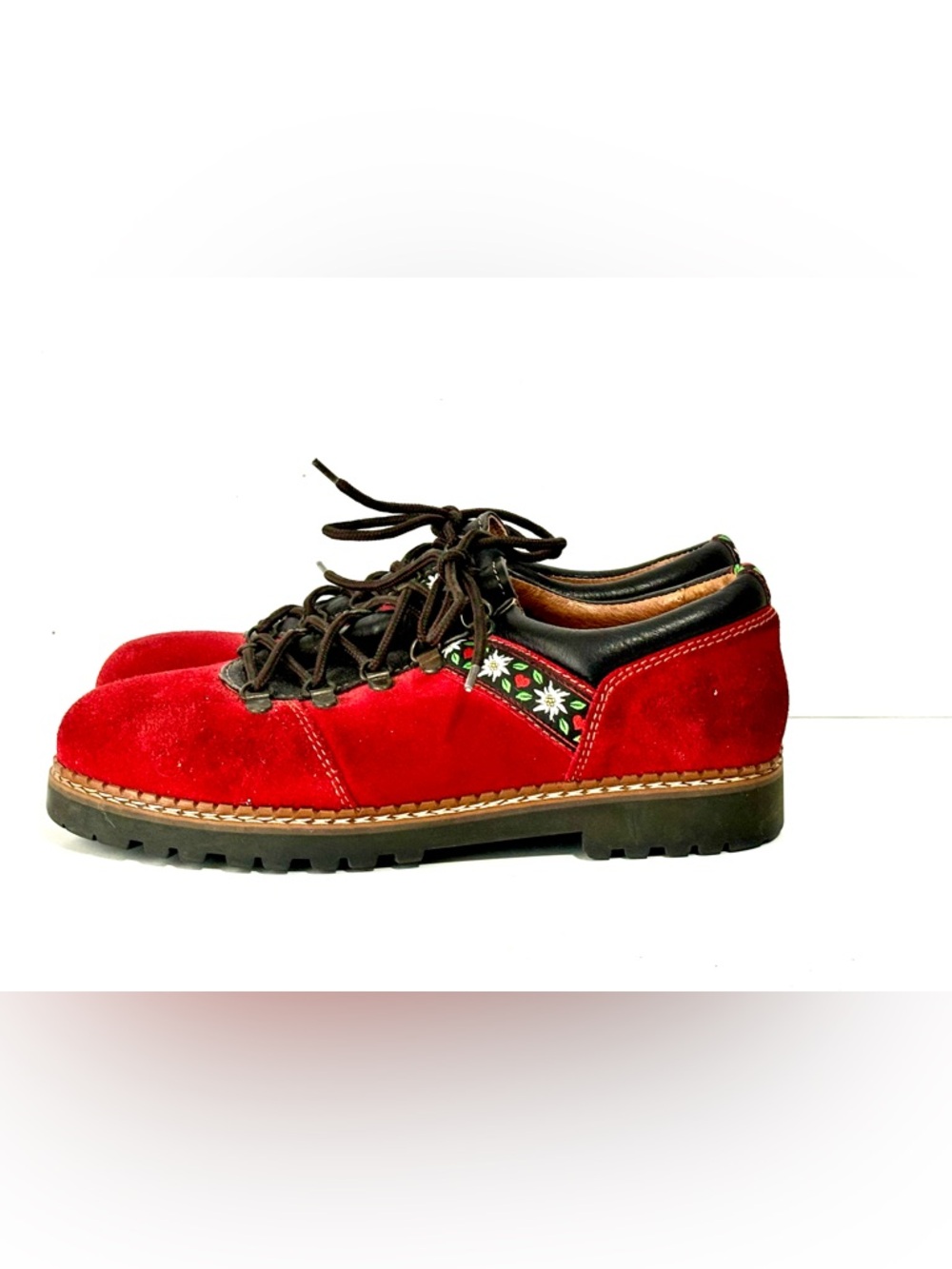 Vintage Hiking Boots  - Josef Seibel - Cherry Red Suede w Leather & Folk Trim - Picture 6 of 10